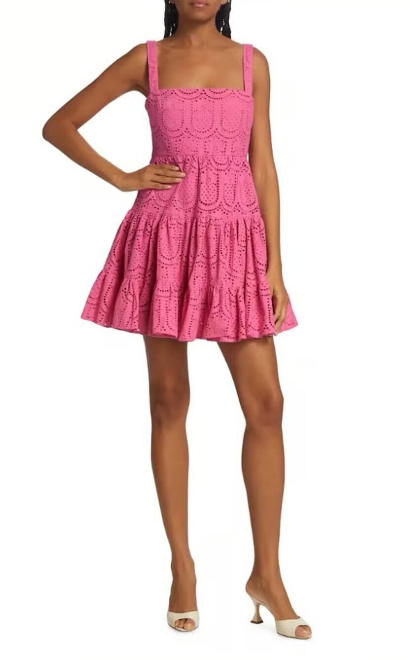 BORGO DE NOR Tuckernuck Freddie Mini Dress Pink Eyelet Tiered Fit Flare 4-6